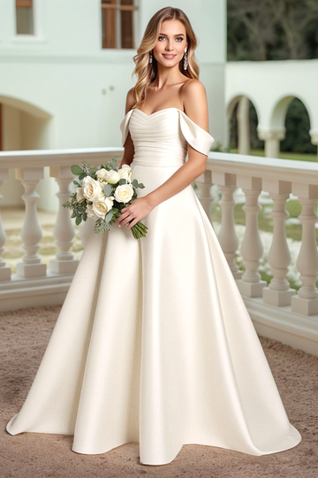 Satin A Line Vit Off The Shoulder Bröllopsklänning med rosett
